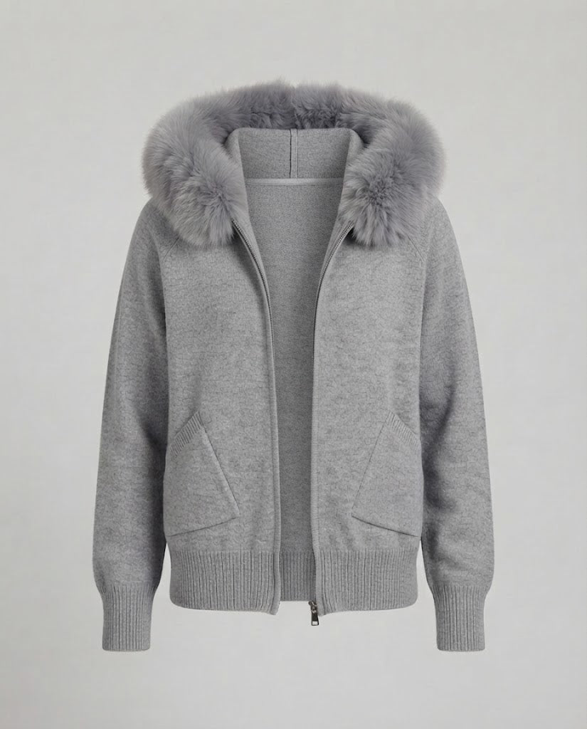 Damen Kapuzen-Strickjacke mit Kunstfellbesatz und Reißverschluss Drune