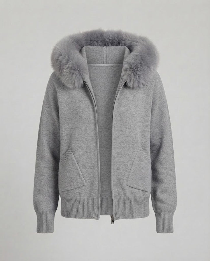 Damen Kapuzen-Strickjacke mit Kunstfellbesatz und Reißverschluss Drune
