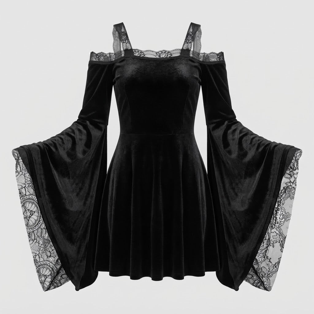 Damen Gothic-Kleid mit Spitzenärmeln und schwingendem Rock Drune