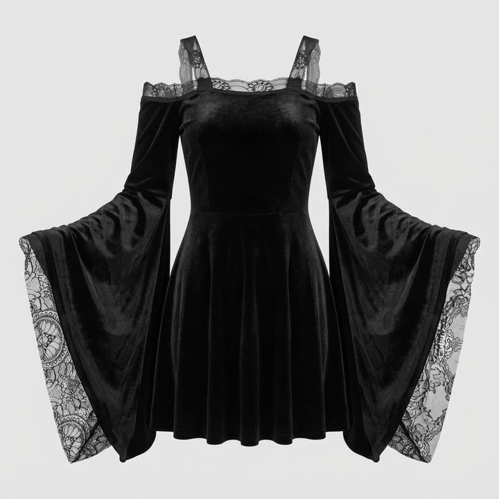 Damen Gothic-Kleid mit Spitzenärmeln und schwingendem Rock Drune