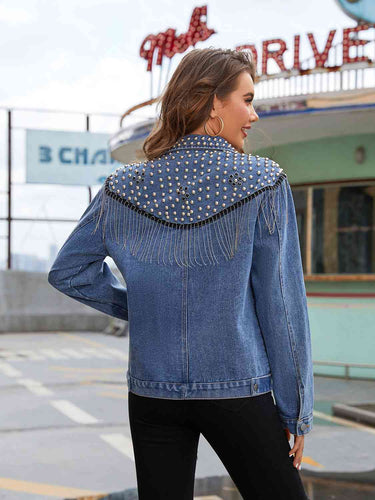 Drune | Nieten Fransen Knopf-Down Denim Jacke