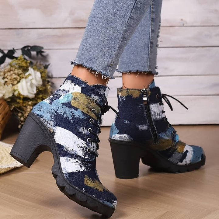 Drune | Stiefeletten Gemustertes Textil Schnürung Blockabsatz Chunky Sohle