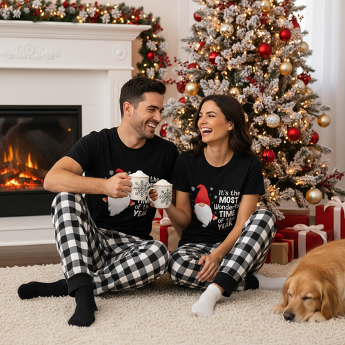 Drune | Paar Schwarz-Weiß Karierte Kurzarm Weihnachts-Pyjama Set mit Gnom und Weihnachtsmann Zitaten