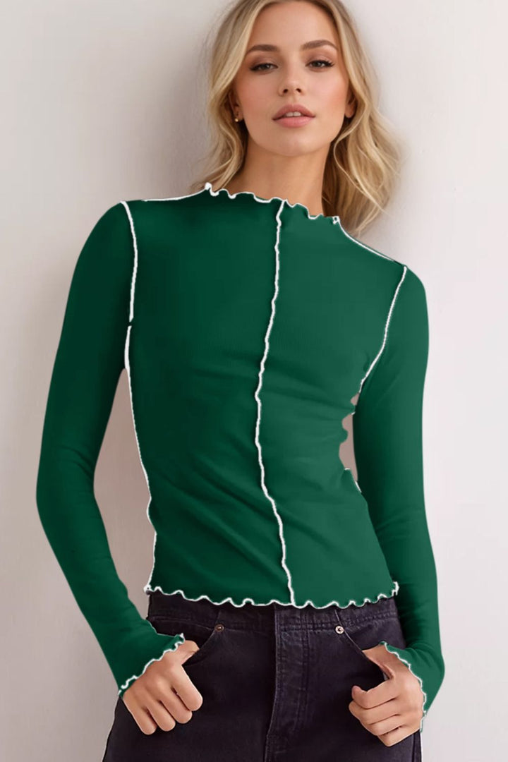 Drune | Basic Bae Kontrastbesatz Mock Neck Langarm T-Shirt