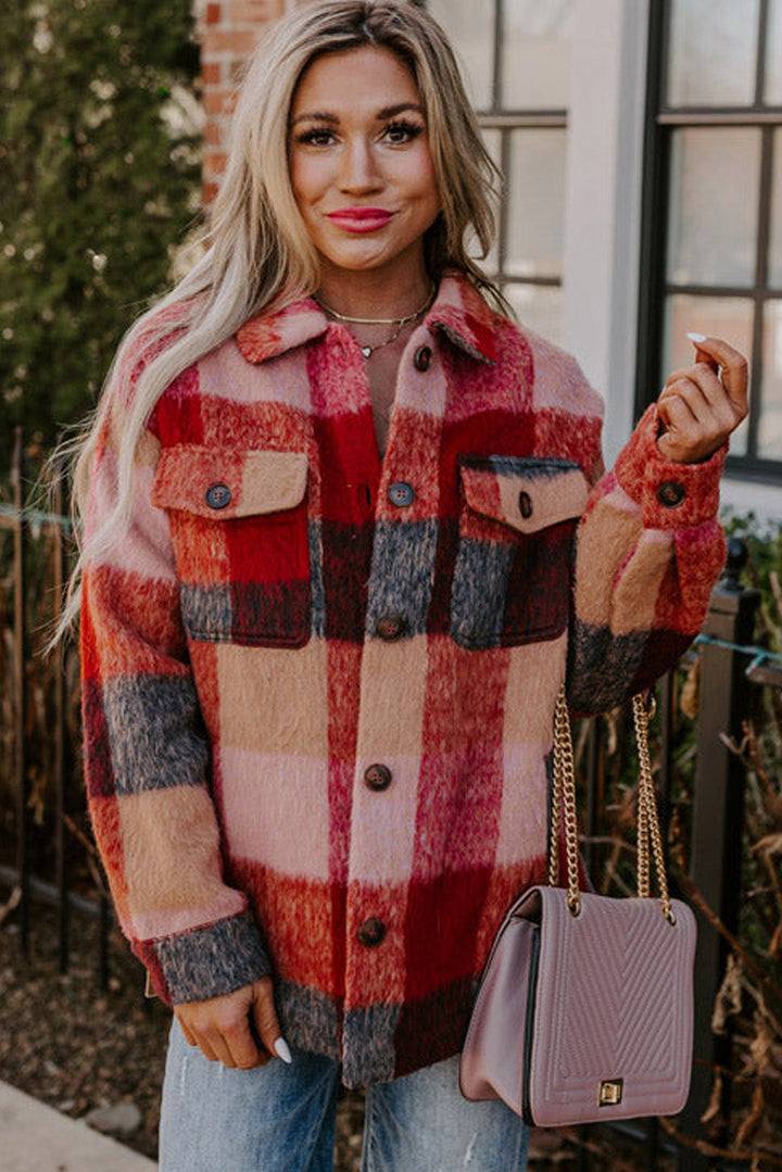 Drune | Geräumige Karierte Orange Freizeitjacke mit Pattentaschen und Knöpfen