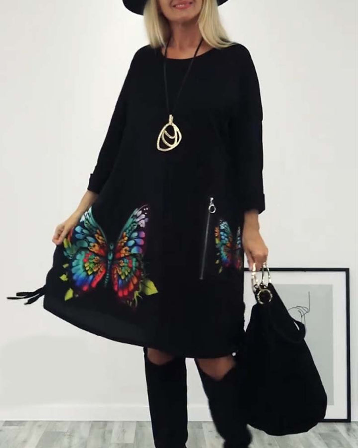 Drune | Kleid mit Schmetterlings Print und Tasche