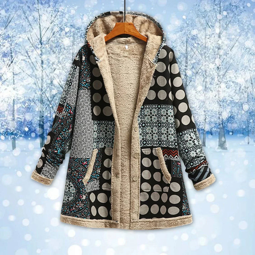 Drune | Fleecejacke Lockere Passform Patchwork Lange Länge mit Kapuze und Taschen