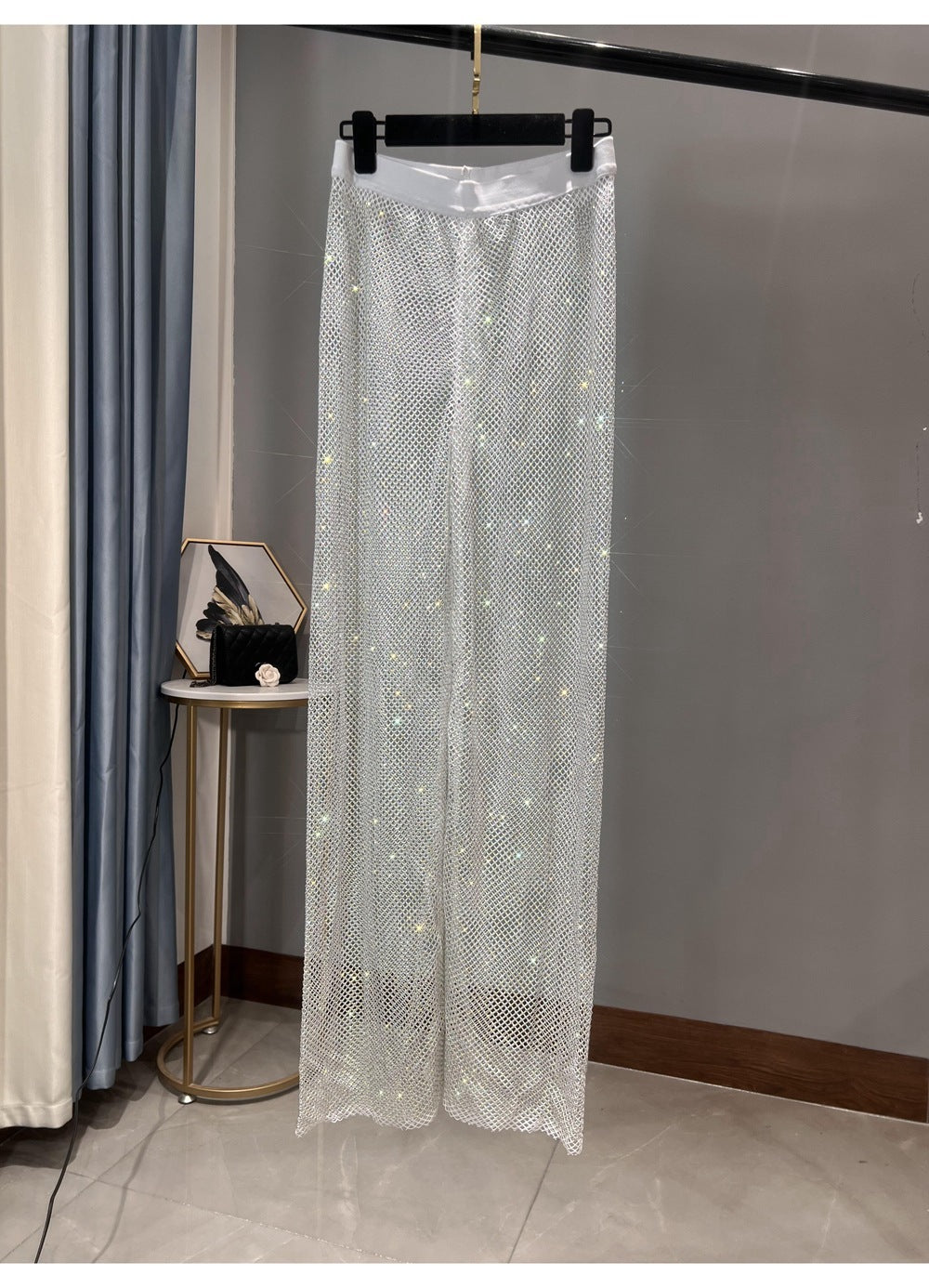 Drune | Rhinestone Gerade Netz Weite Bein Slim Fit Schmeichelnde Mop Hosen