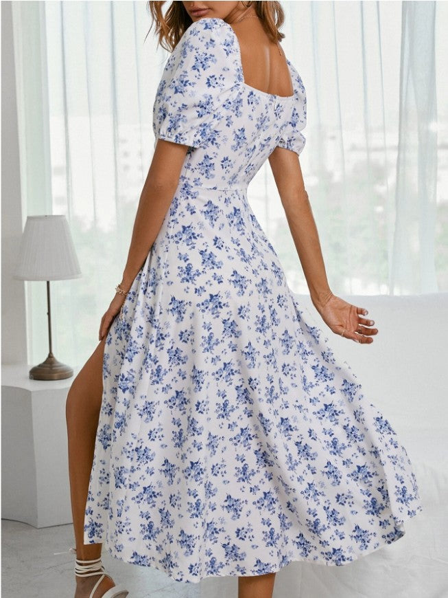 Drune | Blumen Kleid mit gebundenem vorne Puffärmel Rosen Brustzentrum Kleid