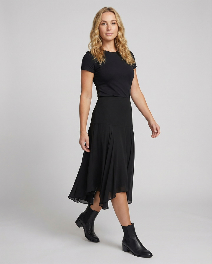 Satinrock Schwarz Damen Maxi leicht und schwingend