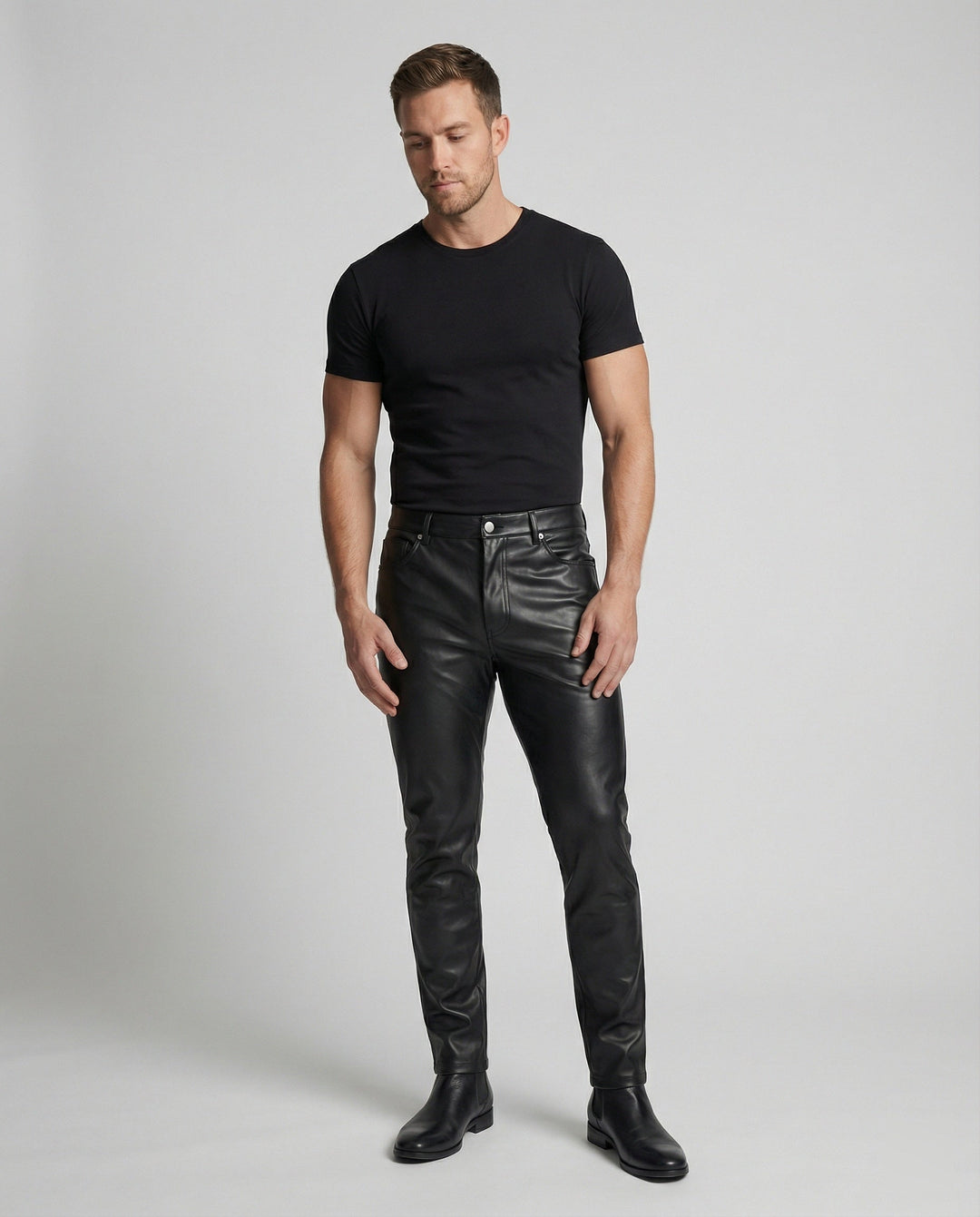 Herren Kunstleder Hose Slim Fit mit Taschen