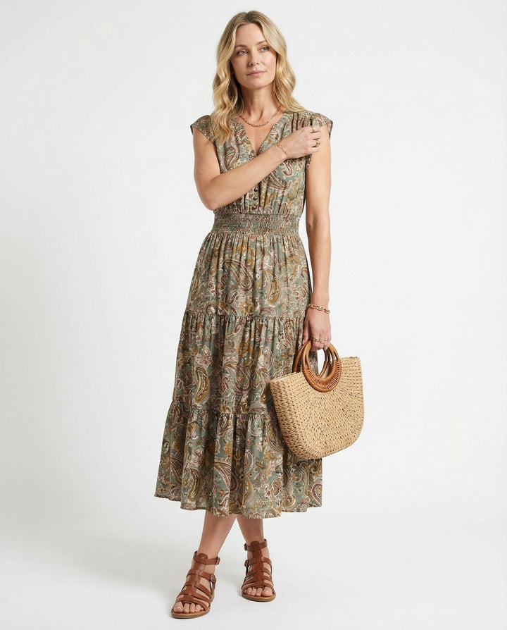 Boho Maxikleid Sommer mit Smok Taille