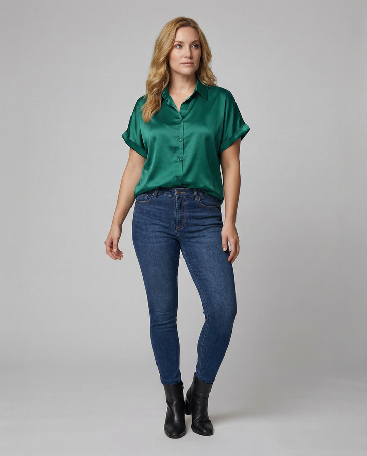 Damen Satin-Bluse mit großem Kragen und überschnittenen Schultern Drune