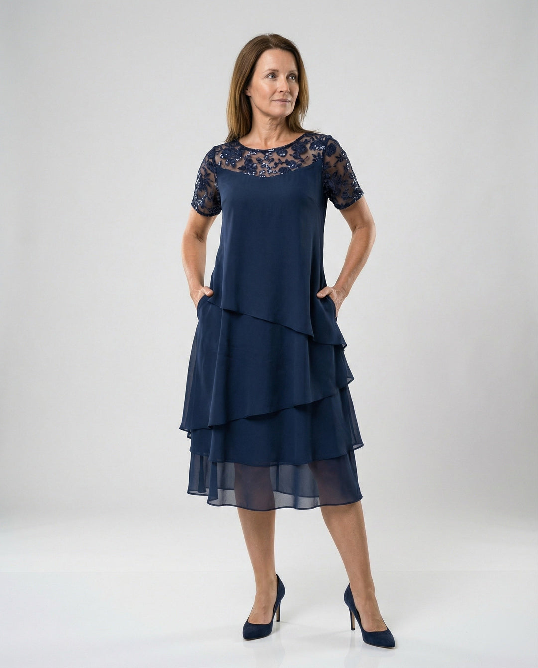 Damen Elegantes Schichtkleid mit Spitzenärmel und asymmetrischem Saum Drune