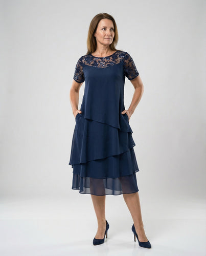 Damen Elegantes Schichtkleid mit Spitzenärmel und asymmetrischem Saum Drune