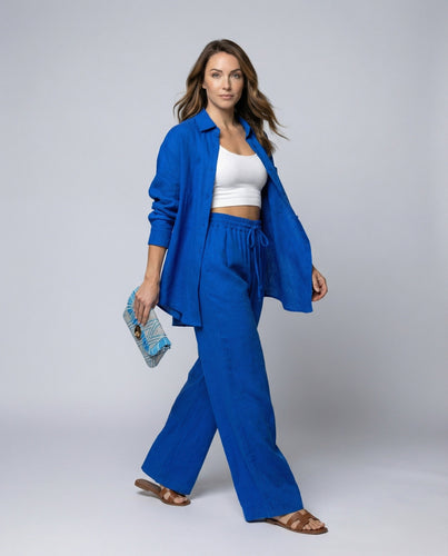 Damen Lässiges Leinen-Outfit mit weit geschnittenem Hemd und lockeren Hosen Drune