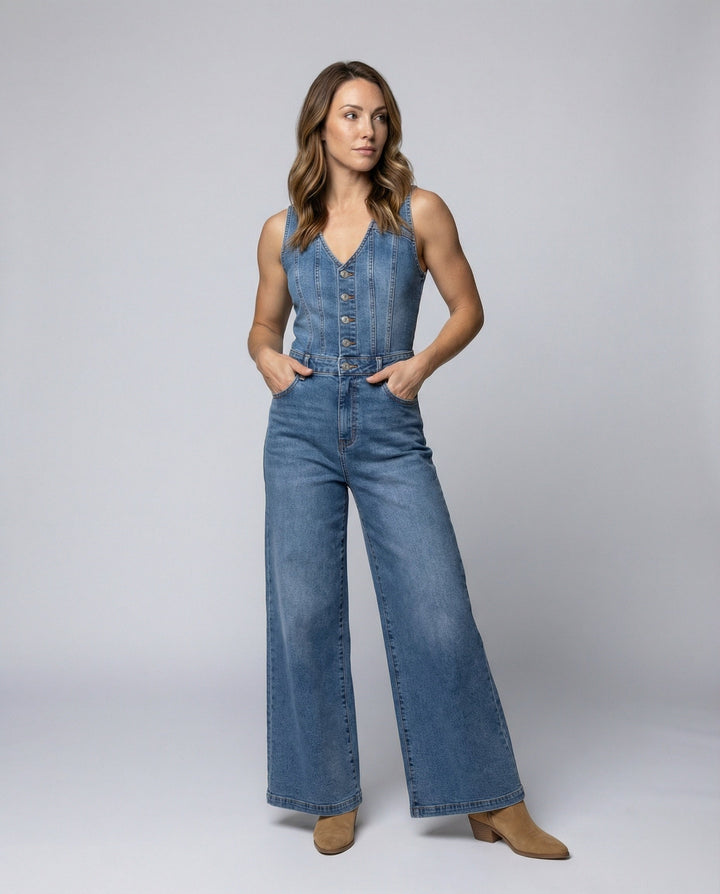 Damen Jumpsuit mit weit geschnittenen Beinen und eleganter Knopfleiste Drune