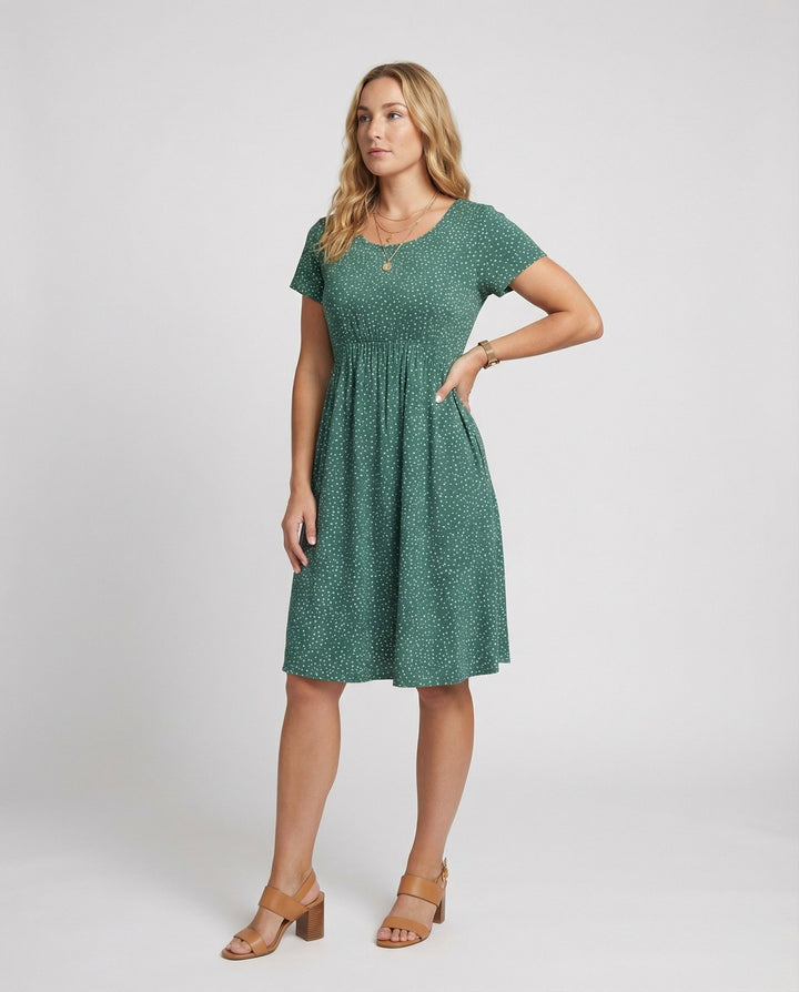 Damen Elegantes Grünes Midikleid mit Punktmuster & Kurzen Ärmeln | Drune