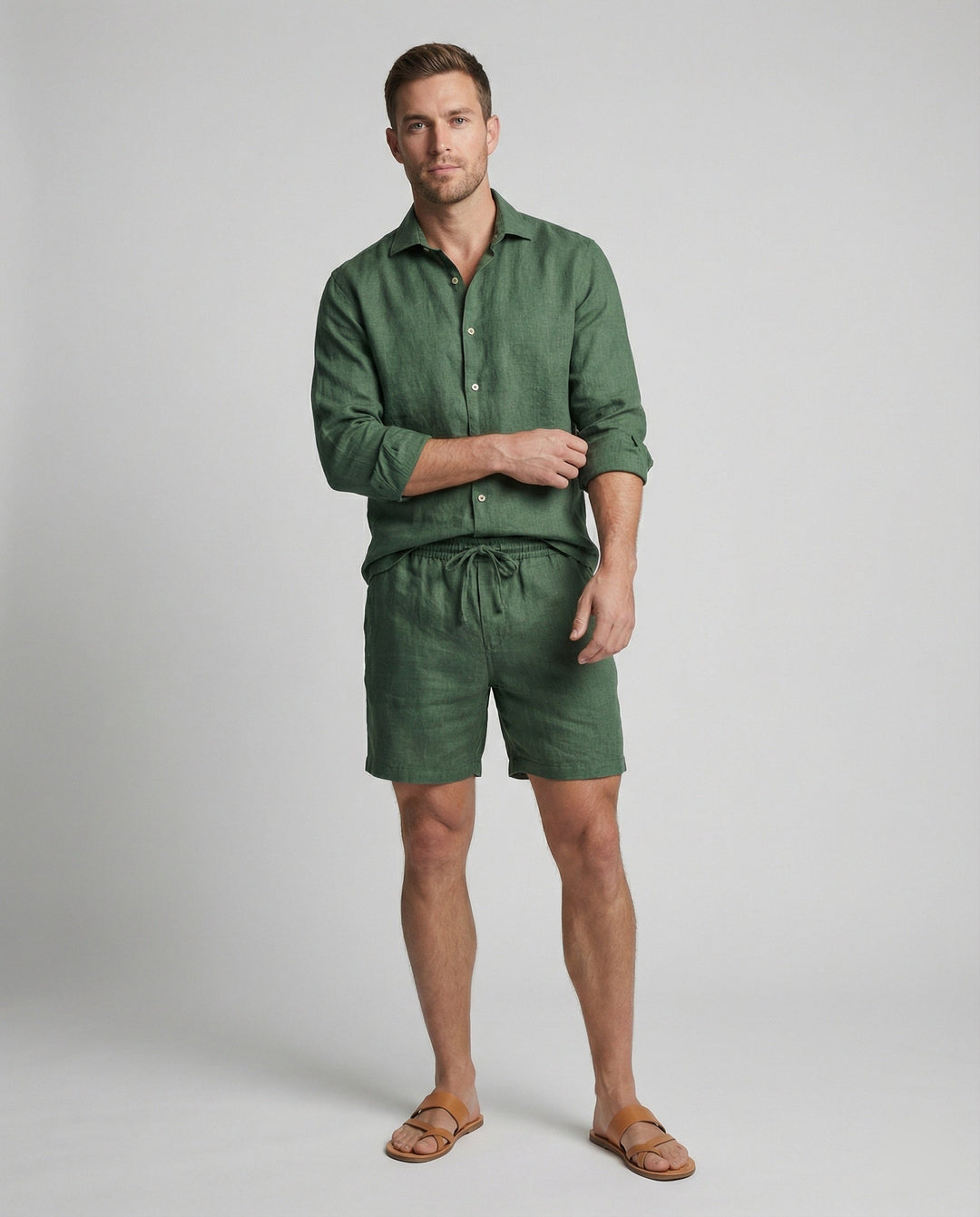 Zweiteiler Set Herren aus Leinen Hemd und Shorts