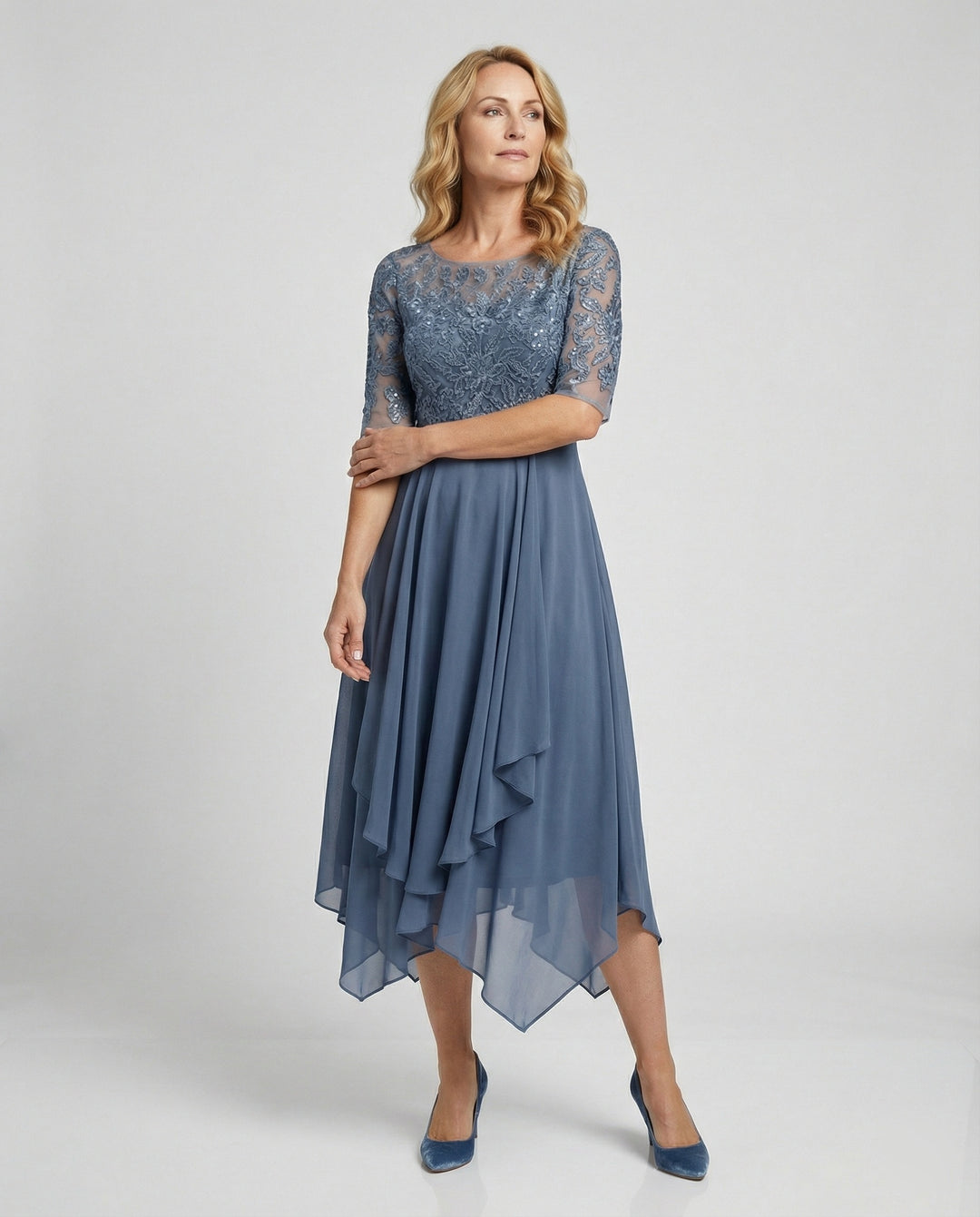 Drune - Damen Elegantes Spitze Chiffon Midikleid, Fließend & Feminin Geschnitten