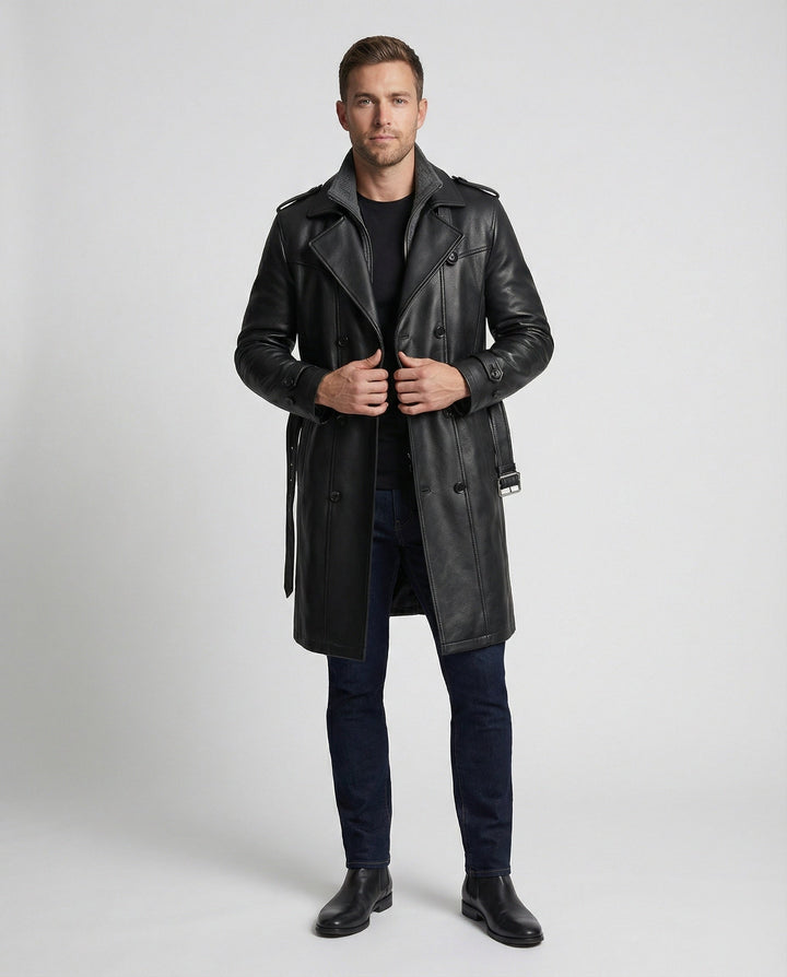 Drune | Doppelreihiger Leder-Trenchcoat Herren