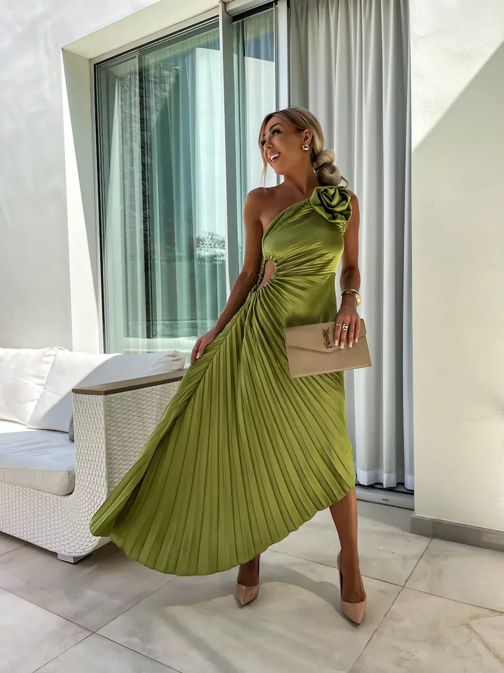 Drune | Ein Schulter Kleid Faltenrock Blumenverzierung Abendliche Eleganz