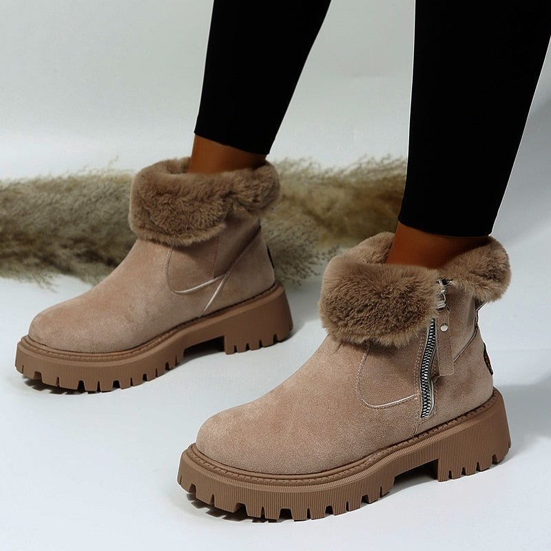 Drune | Damen Stiefeletten - gefütterte Wildlederstiefel mit Reißverschluss und Fellkragen