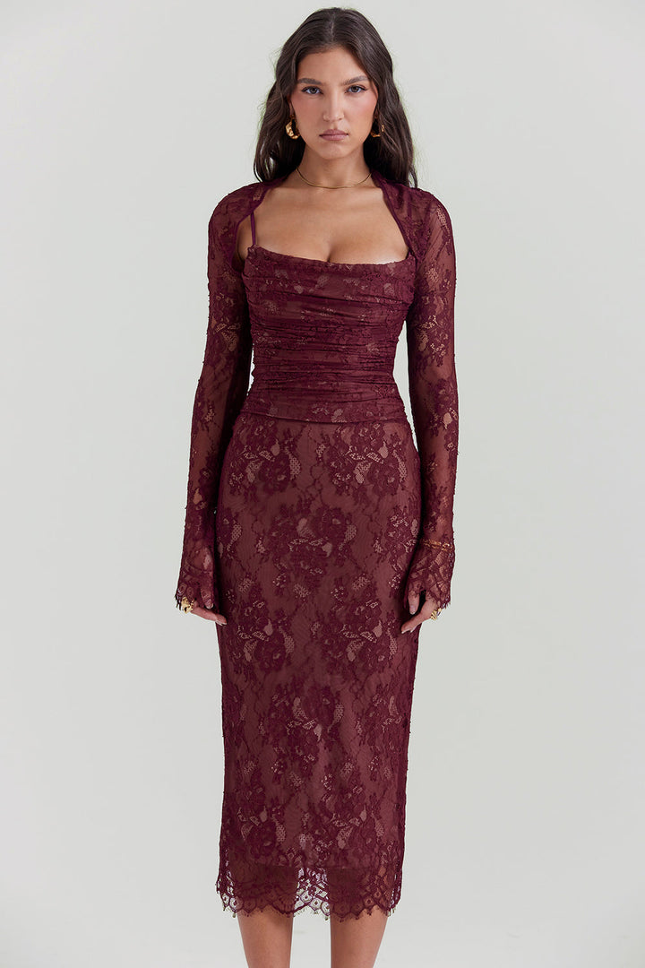 Drune | Midi Kleid aus Bordeauxrotem Spitze