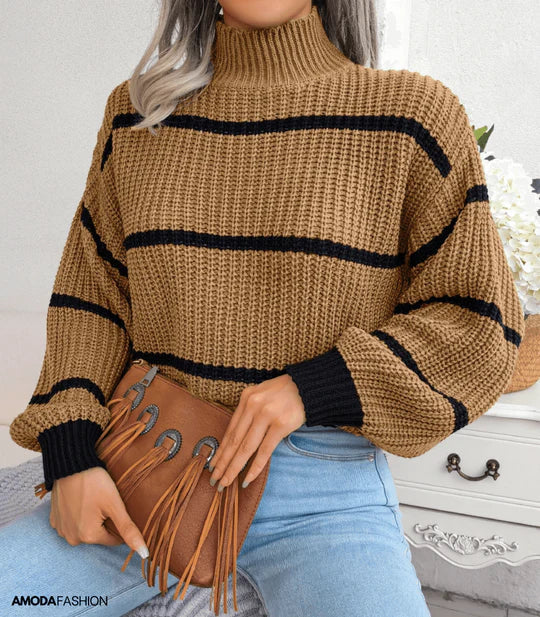 Drune | Pullover - Damen Herbst Gemütlicher Rollkragen Gestreifter Pullover