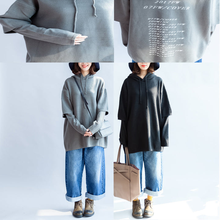 Drune | grüne legere Kapuzenpullover aus wollähnlichem Mischgewebe oversized Druck Strickmäntel