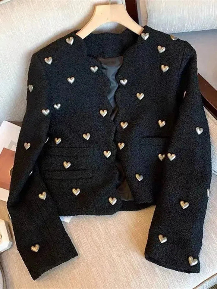 Drune | Herzmuster Schwarze Wolltweedjacke Damen