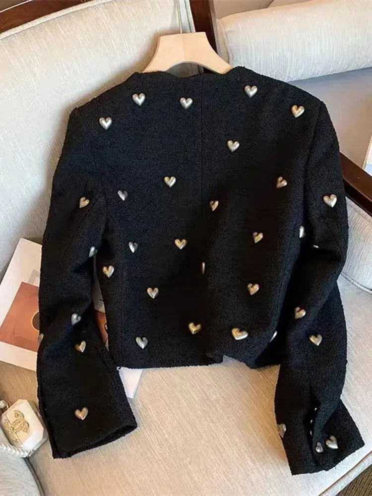 Drune | Herzmuster Schwarze Wolltweedjacke Damen