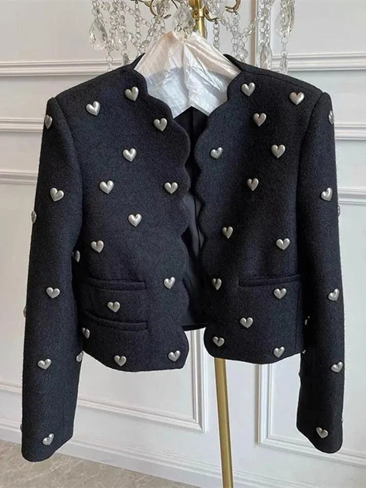 Drune | Herzmuster Schwarze Wolltweedjacke Damen