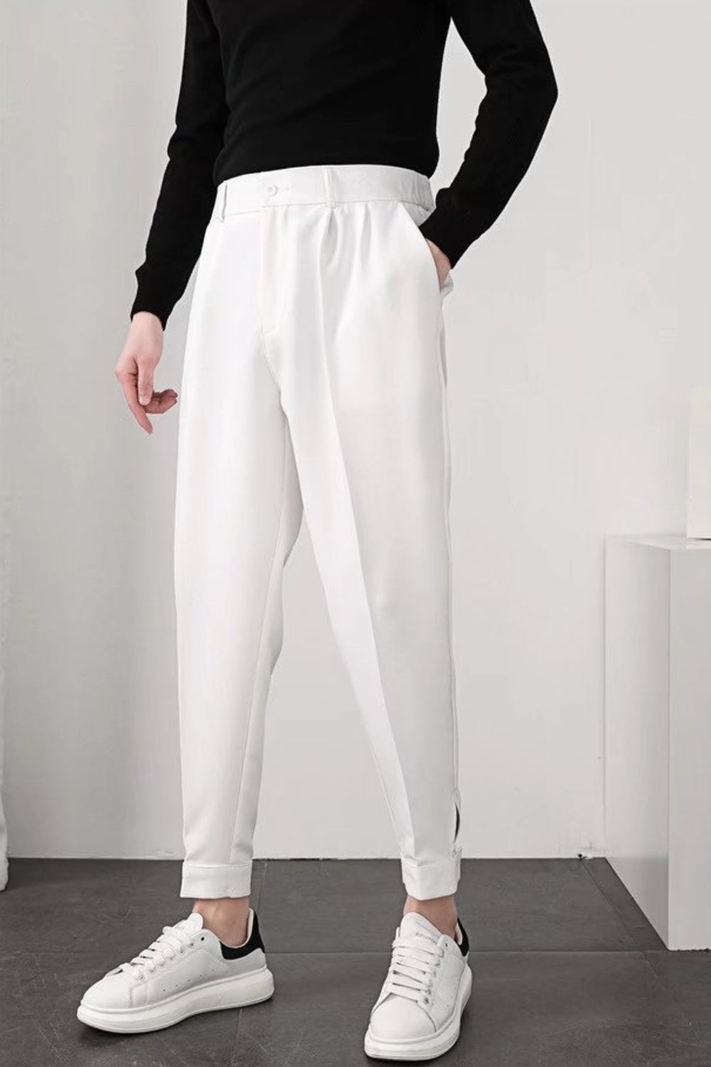 Drune | Herren High Waist Hose Weiß Stoffhose
