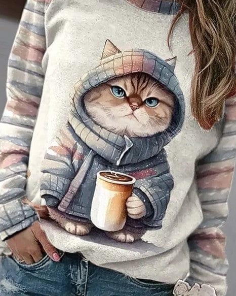 Drune | Niedlicher Katzenpullover Lässig Einzigartiger Druck Ideal für den Winter