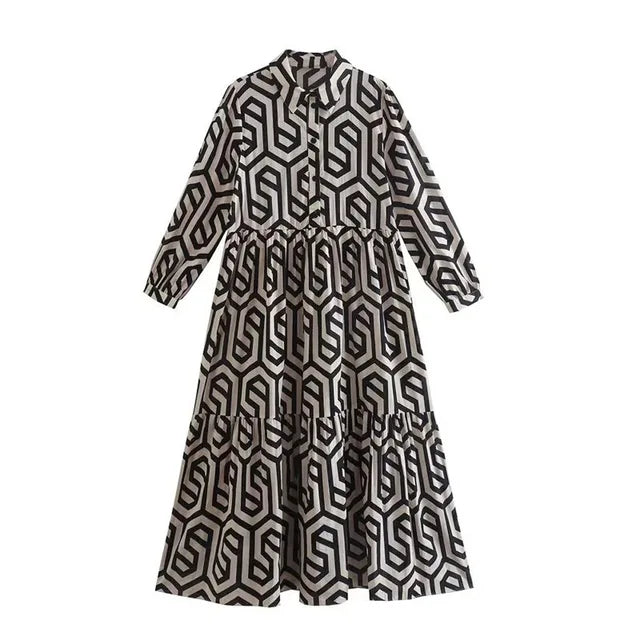 Drune | Langarm Maxikleid mit Geometrischem Druck für Frauen Winsett