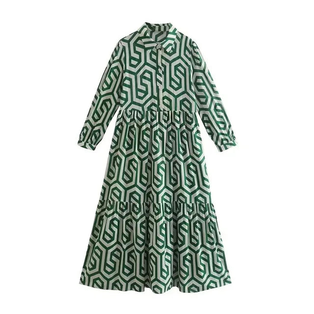 Drune | Langarm Maxikleid mit Geometrischem Druck für Frauen Winsett