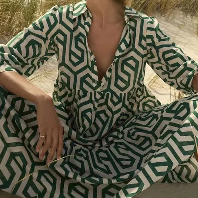 Drune | Langarm Maxikleid mit Geometrischem Druck für Frauen Winsett
