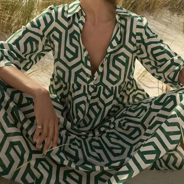Drune | Langarm Maxikleid mit Geometrischem Druck für Frauen Winsett