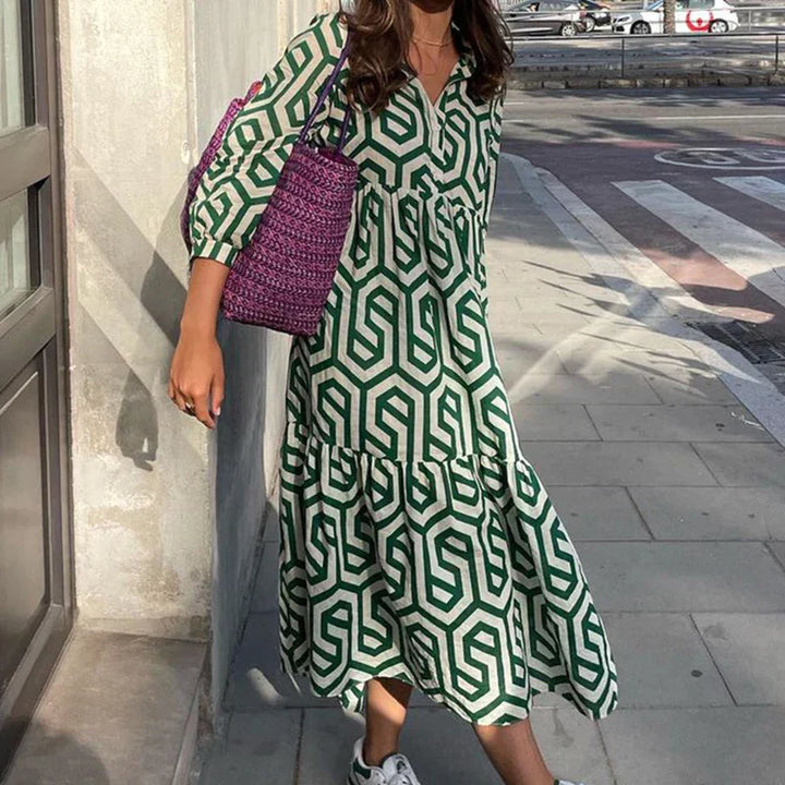 Drune | Langarm Maxikleid mit Geometrischem Druck für Frauen Winsett