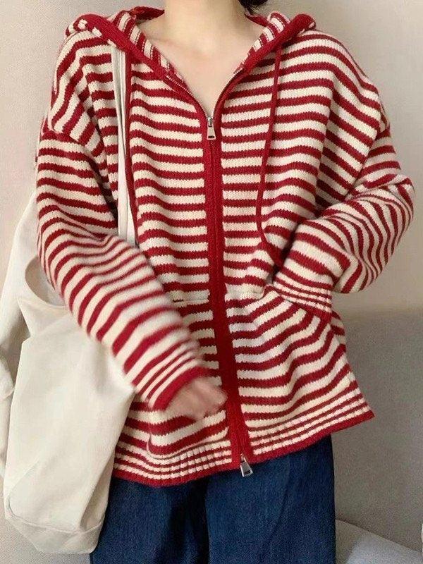 Drune | Hooded Gestreifter Langarmstrickstrickjacke