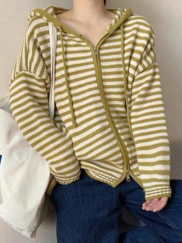 Drune | Hooded Gestreifter Langarmstrickstrickjacke