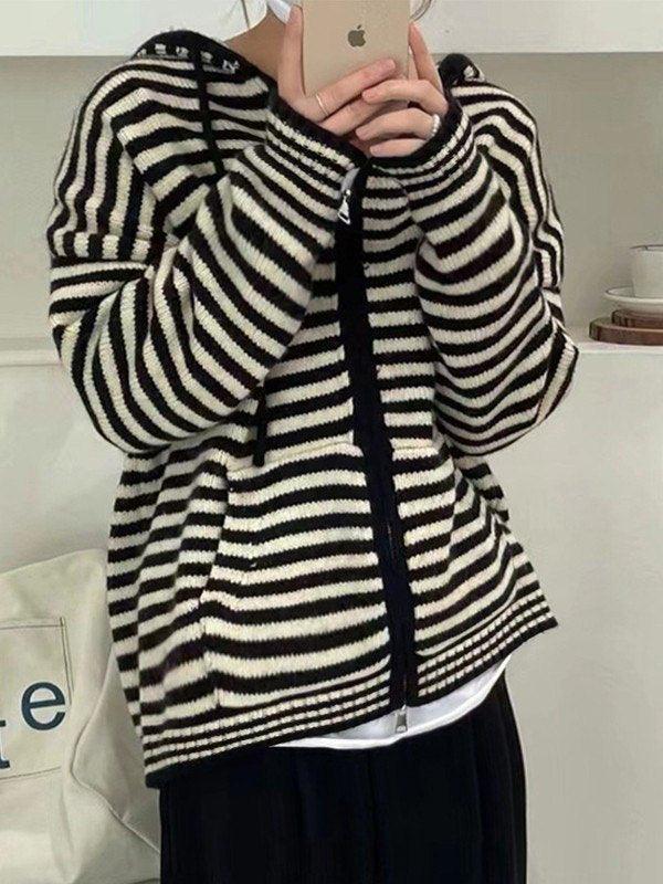 Drune | Cozy striped hooded cardigan with zipper