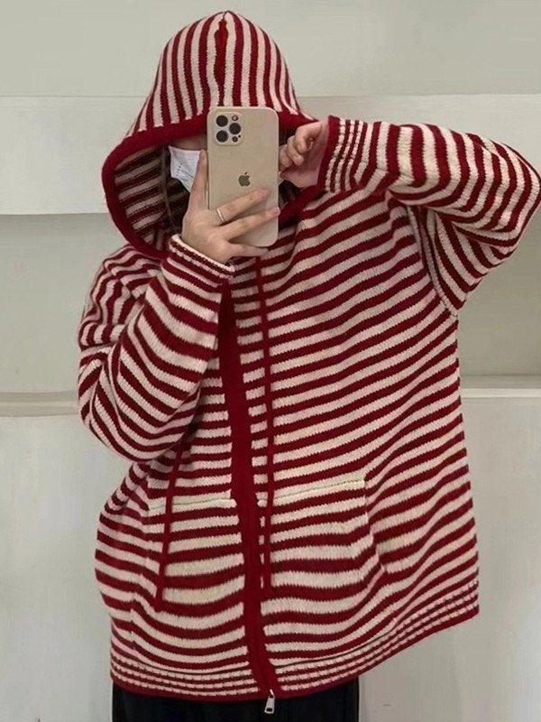 Drune | Hooded Gestreifter Langarmstrickstrickjacke