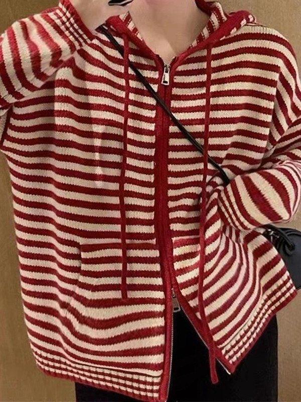 Drune | Hooded Gestreifter Langarmstrickstrickjacke