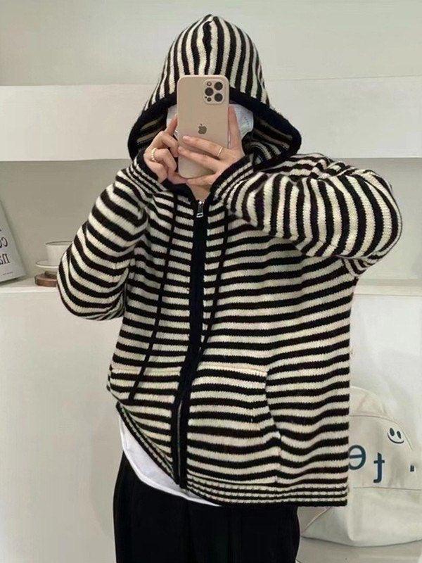 Drune | Cozy striped hooded cardigan with zipper
