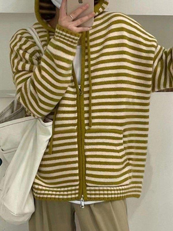 Drune | Hooded Gestreifter Langarmstrickstrickjacke