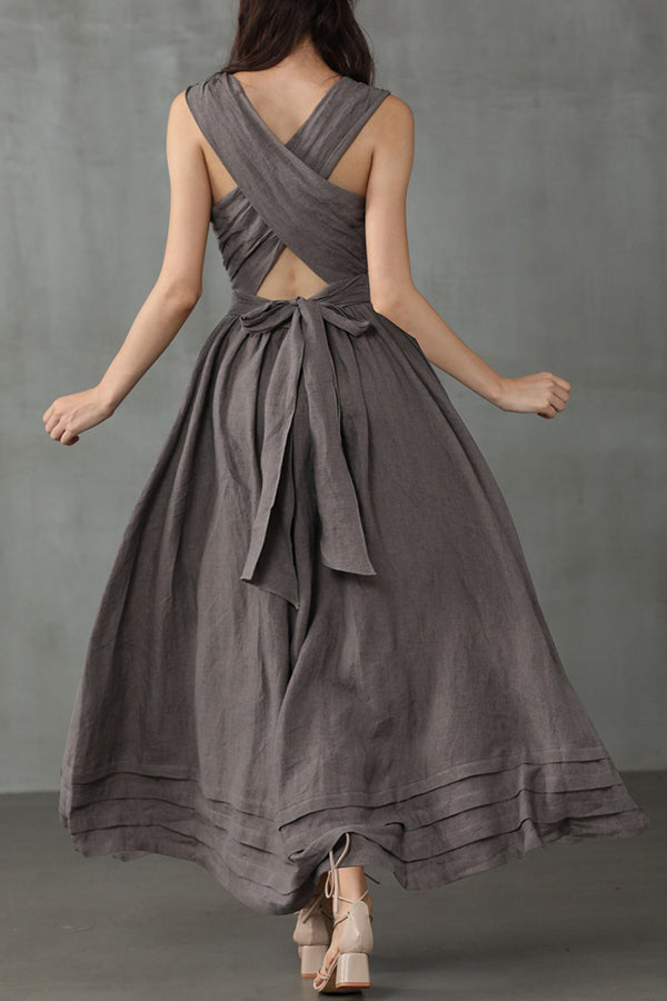 Drune | Cross Back O-Hals Maxikleid Leinen