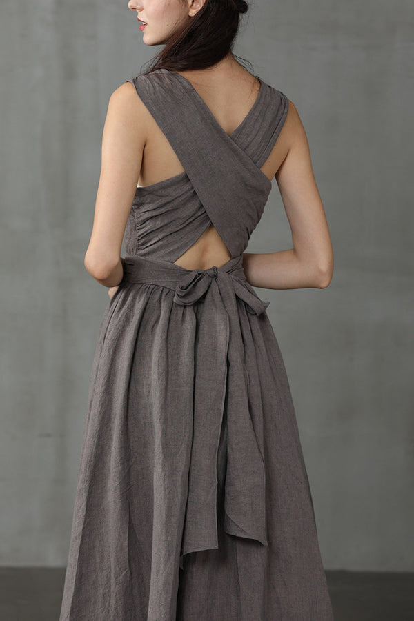 Drune | Cross Back O-Hals Maxikleid Leinen
