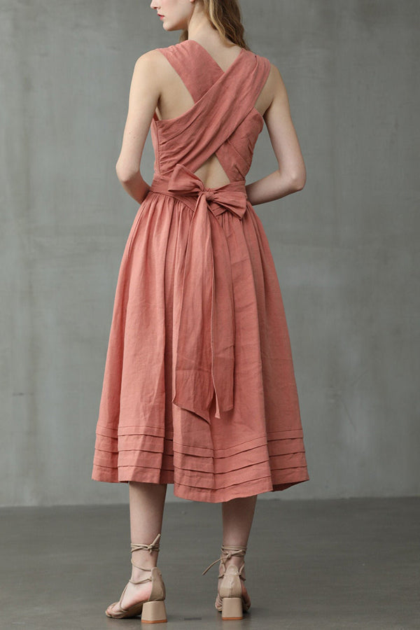 Drune | Cross Back O-Hals Maxikleid Leinen